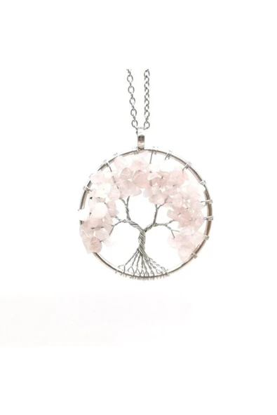 Vipfoni Tel Sarmalı Çakra Hayat Ağacı Doğal Pembe Kuvars Taşı Kolye (zincir Dahil) ürün görseli