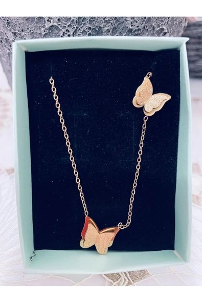 Vipfoni Gold Renk Çelik İkili Simli Kelebek Kolye - Resim 2