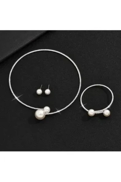 Vipfoni Su Yolu Zirkon Taşlı Kolye Bileklik Zarif Incili Set; Gelin Aksesuarı - Resim 4