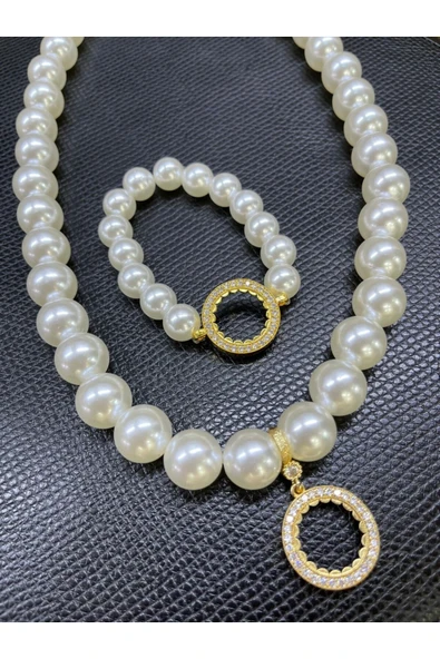 Vipfoni Zirkon Taşlı Inci Içi Boş Çeyrekli Kolye ve Bileklik Set Model - 1 ürün görseli