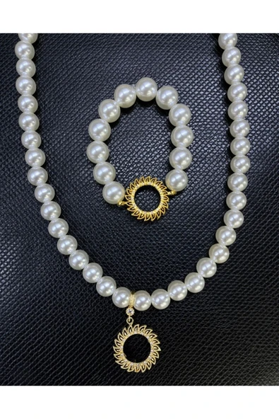 Vipfoni Zirkon Taşlı Inci Içi Boş Çeyrekli Kolye ve Bileklik Set Model - 2 ürün görseli