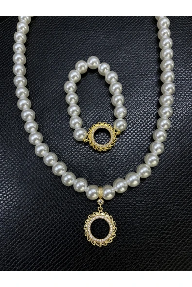 Vipfoni Zirkon Taşlı Inci Içi Boş Çeyrekli Kolye ve Bileklik Set Model - 3 ürün görseli