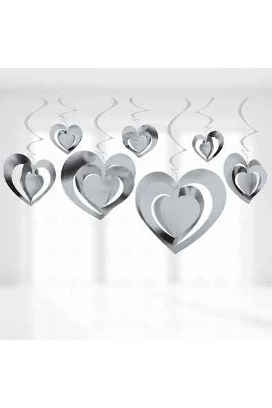 Vipfoni 3 Boyutlu Spiralli Kalp Şekilli Tavan Asma Süsü 12 Adet Gümüş - Resim 2