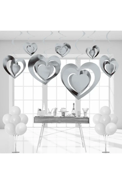 Vipfoni 3 Boyutlu Spiralli Kalp Şekilli Tavan Asma Süsü 12 Adet Gümüş ürün görseli