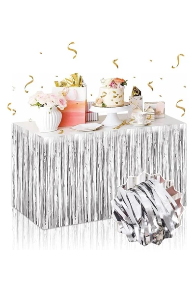 Vipfoni Kendinden Yapışkanlı Gümüş Metalize Püsküllü Masa Eteği – 75 x 275 cm ürün görseli