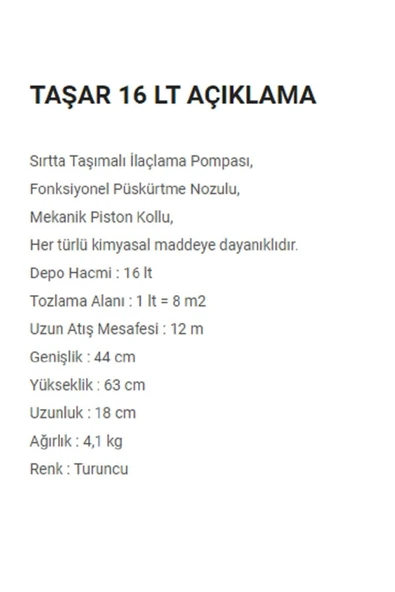 İlposan İLPOSAN TAŞAR 16 LT MEKANİK KOLLU İLAÇ ATMA İLAÇLAMA POMPASI - 5