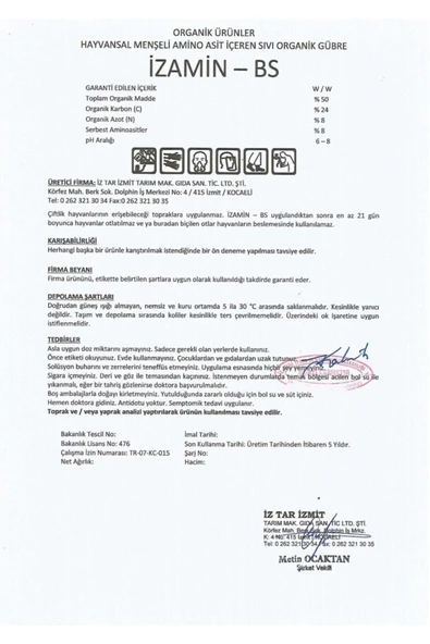 İZTAR ORGANİK GÜBRE Aminoasit Hayvansal Menşeli Organik Gübre ( Izamin Bs) 1 Lt - 3