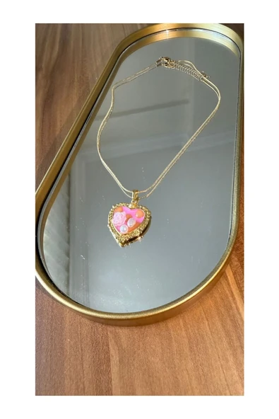 Vipfoni Özel Tasarım İncili Gül Detaylı Kalp Gold Sanat Kadın Çelik Kolye ürün görseli