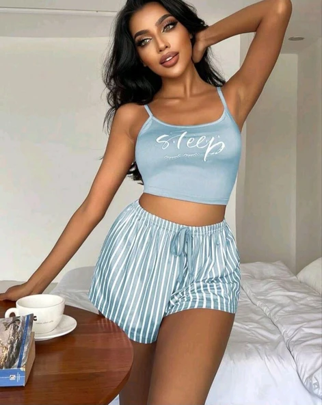 Kadın Mavi Çizgili Desenli Askılı Şortlu Pijama Takım 5001 - Resim 2