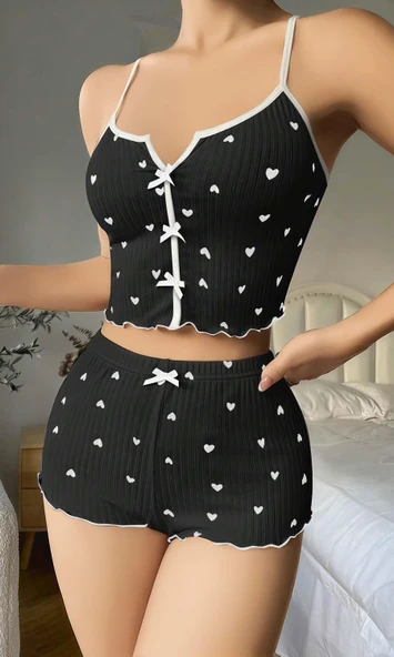 Kadın Siyah Kalp Desenli Askılı Şortlu Pijama Takım 5008 ürün görseli 1