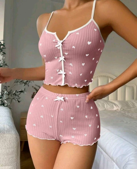 Kadın Pembe Kalpli Askılı Şortlu Pijama Takım 5009 - Resim 4