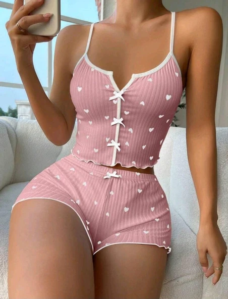 Kadın Pembe Kalpli Askılı Şortlu Pijama Takım 5009 ürün görseli 1