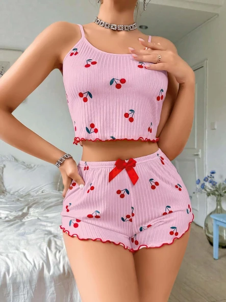 Kadın Pembe Kiraz Desenli Askılı Şortlu Pijama Takım 5044 ürün görseli 1