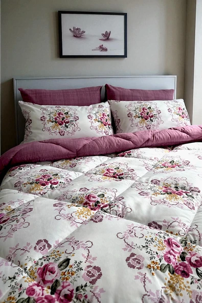 Alla Turca Çift Kişilik 4 Yastık Kılıflı Lastikli Çarşaflı Çift Taraflı Desenli Uyku Seti-Kanaviçe Gül Kurusu - 4