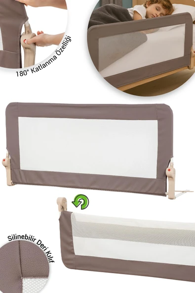 Wellgro Premium 120x65 cm Deri Kılıflı Yatak Bariyeri, Katlanır Yatak Korkuluğu, Kahve ürün görseli