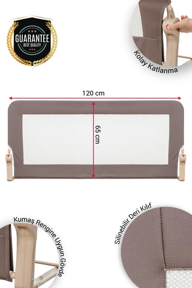 Wellgro Premium 120x65 cm Deri Kılıflı Yatak Bariyeri, Katlanır Yatak Korkuluğu, Kahve - Resim 3