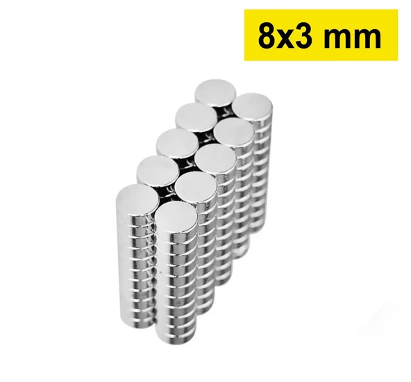 50 Adet 8x3mm Yuvarlak Neodyum Mıknatıs Güçlü Nikel Kaplamalı Kaliteli Dayanıklı Magnet - 1