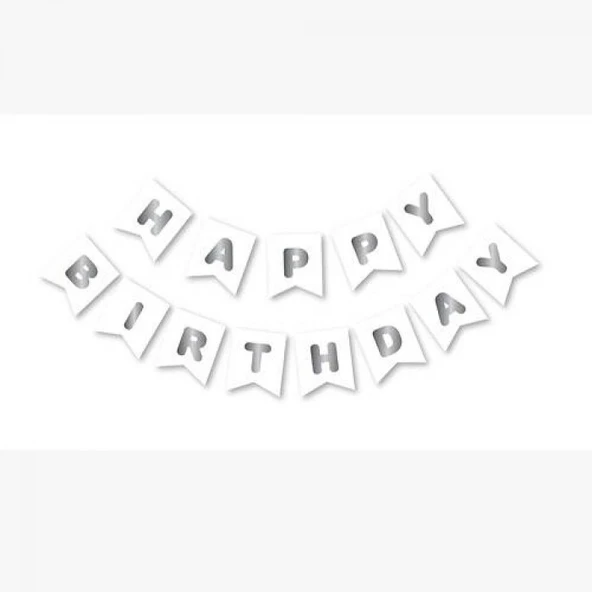 Happy Bırthday Yazı Beyaz/ Gümüş Banner ürün görseli