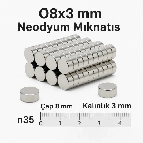 50 Adet 8x3mm Yuvarlak Neodyum Mıknatıs Güçlü Nikel Kaplamalı Kaliteli Dayanıklı Magnet - 2