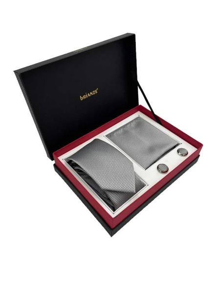 Brianze Gri Kravat Mendil Ve Kol Düğmesi Kutulu Set - Resim 2