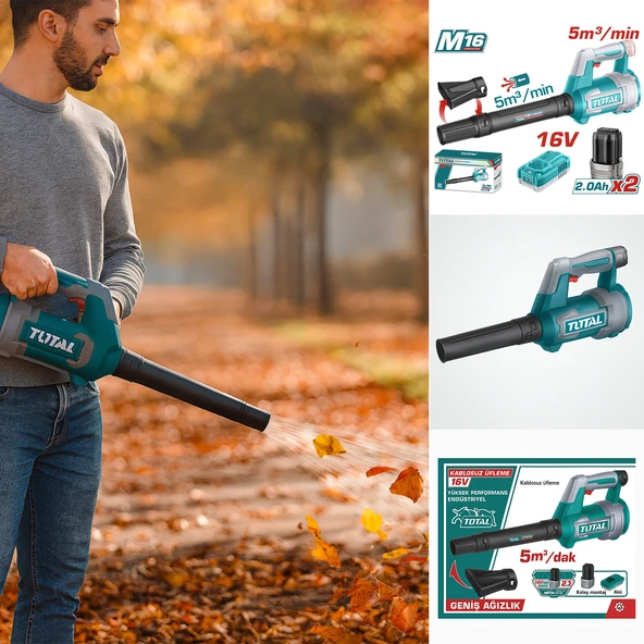 Total Li-Ion Kablosuz Bataryalı 16V Şarjlı Hava Üfleme Makinesi Blower 2.0Ah X2 Toz Yaprak Üfleyici - Resim 2