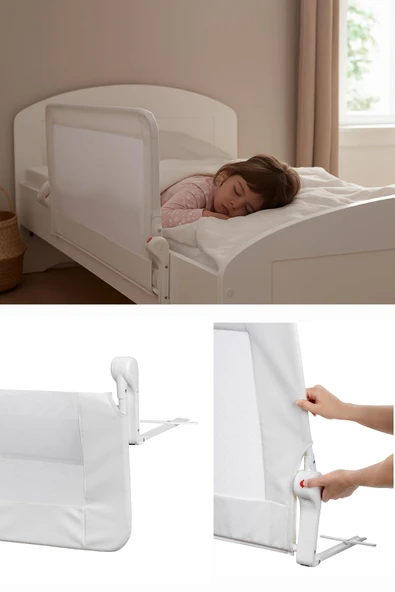 Wellgro Premium 120x65 cm Deri Kılıflı Yatak Bariyeri, Katlanır Yatak Korkuluğu, Beyaz - Resim 2