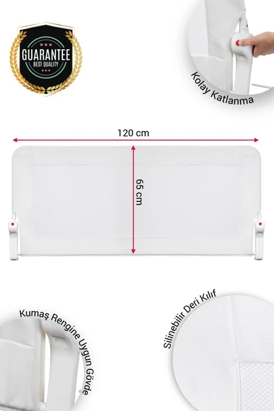 Wellgro Premium 120x65 cm Deri Kılıflı Yatak Bariyeri, Katlanır Yatak Korkuluğu, Beyaz - Resim 3