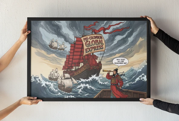 Çin’in Dev Keşif Gemisi Çerçeveli Tablo Tarihi Mizah ve Komik Sanat Duvar Dekoru 30x42 cm