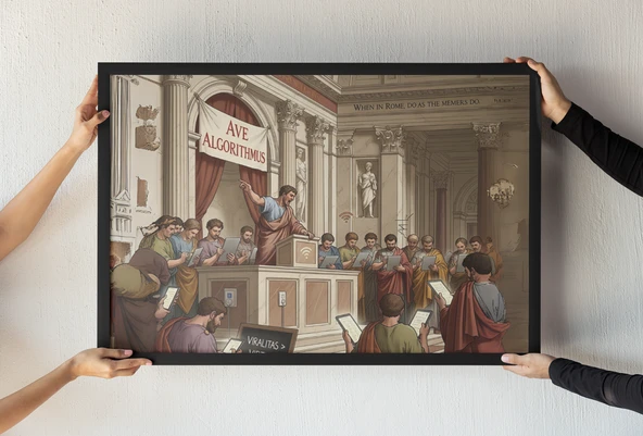 Roma Senatosu Mizahi Çerçeveli Tablo Ave Algorithmus ve Sosyal Medya Dekoru 30x42 cm