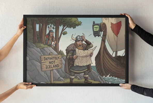 Viking Çerçeveli Tablo  Tarihi Mizah ve Viking Keşfi  Çizgi Roman Tarzı Duvar Dekoru  30x42 cm - 1