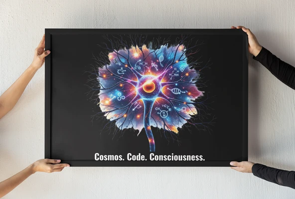 Bilim Temalı Çerçeveli Tablo Sinir Hücresi, DNA ve Kozmos Tasarımı Bilim Sever Dekoru 30x42 cm