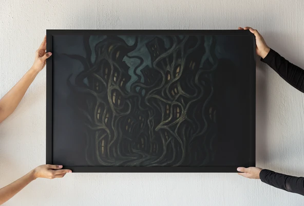 Surreal Architecture Çerçeveli Tablo Bükülmüş Binalar Soyut Şehir Duvar Dekoru 30x42 cm