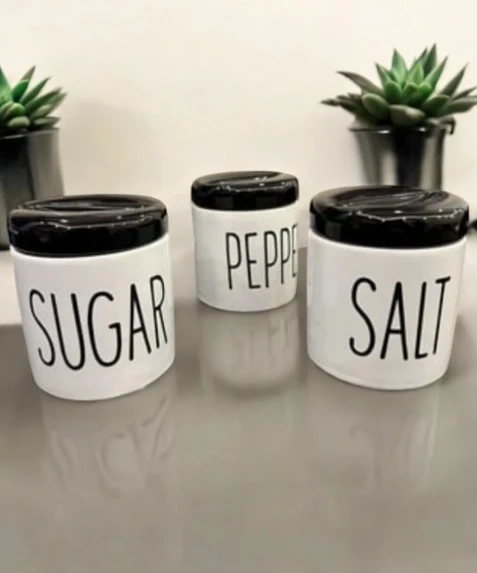 3 Lü Kavonoz Baharatlık Küçük Boy Beyaz / Siyah / Sugar /Pepper / Salt / Kavonoz Seti - 2