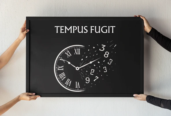 Zaman Uçar Çerçeveli Tablo Tempus Fugit Latin Alıntılı Felsefi ve Sanatsal Duvar Dekoru 30x42 cm