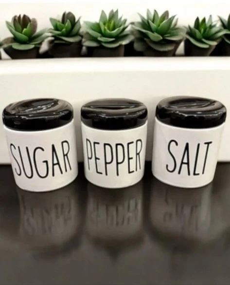 3 Lü Kavonoz Baharatlık Küçük Boy Beyaz / Siyah / Sugar /Pepper / Salt / Kavonoz Seti