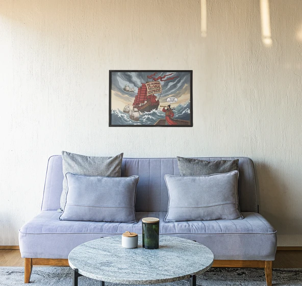 Çin’in Dev Keşif Gemisi Çerçeveli Tablo  Tarihi Mizah ve Komik Sanat Duvar Dekoru  30x42 cm - 2