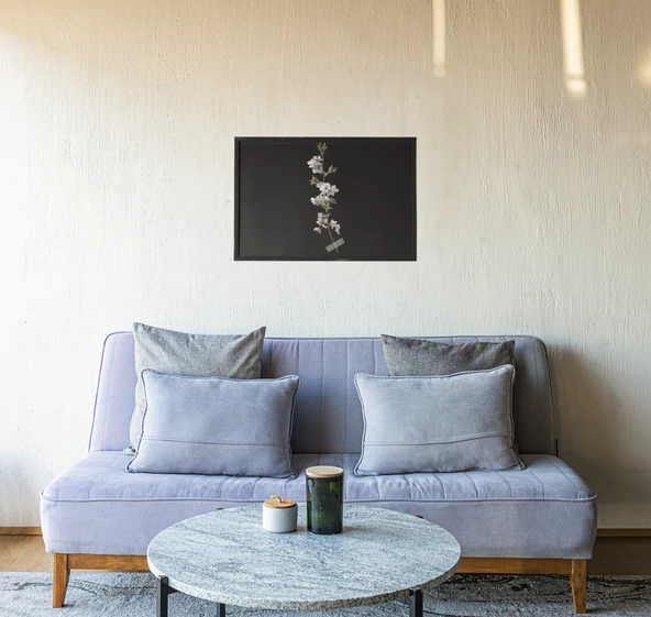 Minimalist Çiçek Dalı Çerçeveli Tablo Siyah Fon Üzerine Beyaz Çiçek Sanatı  Duvar Dekoru  30x42 cm - 2