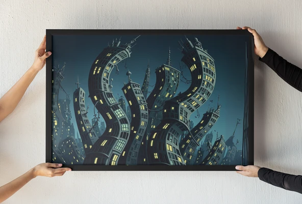 Surreal City Çerçeveli Tablo Bükülmüş Binalar Distopik Şehir Modern ve Gotik Mimari 30x42 cm