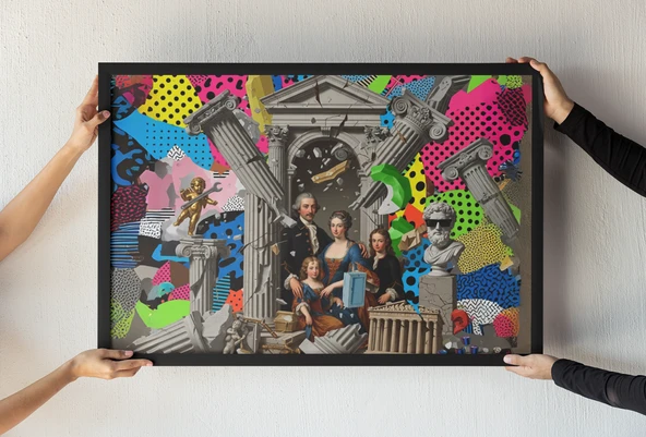 Yunan Mimarisi Art Çerçeveli Tablo Mimari Kolaj, Satirik Dekor, Eklektik Duvar Sanatı 30 x 42 cm