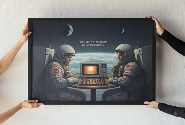 Space Race Çerçeveli Tablo Soğuk Savaş Mizah Baskı Bilim Kurgu Dekor 30x42 cm