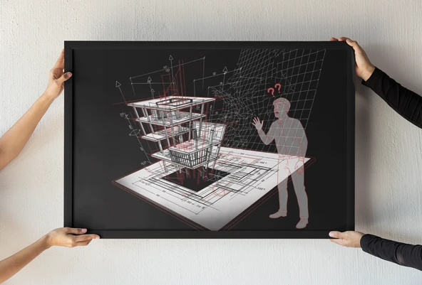 Architectural Blueprint Çerçeveli Tablo Üç Boyutlu Mimari Çizim Modern Kavramsal Dekor 30x42 cm