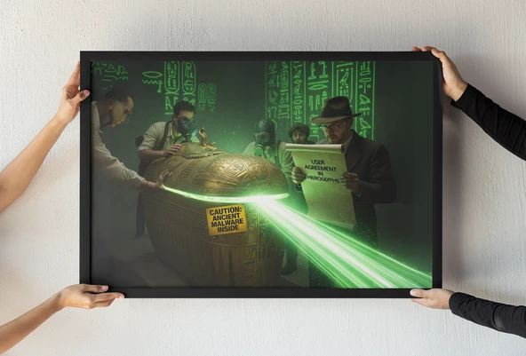 Antik Mısır Siber Güvenlik Çerçeveli Tablo Mizahi ve Bilim Kurgu Temalı Dekor 30x42 cm