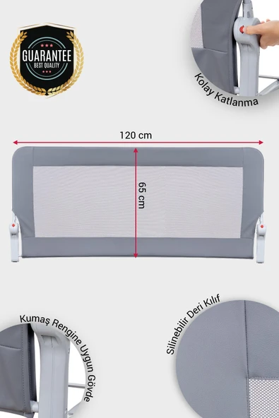 Wellgro Premium 120x65 cm Deri Kılıflı Yatak Bariyeri, Katlanır Yatak Korkuluğu, Gri - Resim 3