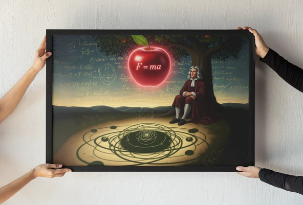 Newton Elma Çerçeveli Tablo  Yerçekimi Yasası Sanat Tasarımı  Bilim Tarihi Dekor 30x42 cm - 1