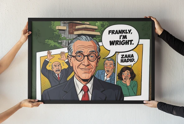 Frank Lloyd Wright & Zaha Hadid Çerçeveli Tablo Çizgi Roman Tarzı Mimarlık Mizahı 30x42 cm
