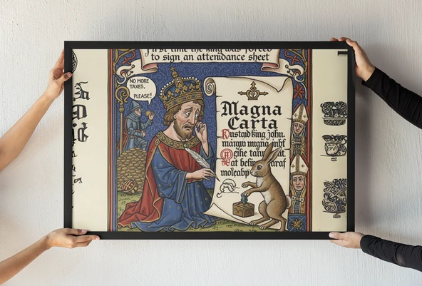 Magna Carta Çerçeveli Tablo Kral John ve Orta Çağ Mizahı Minyatür El Yazması Tasarımı 30x42 cm