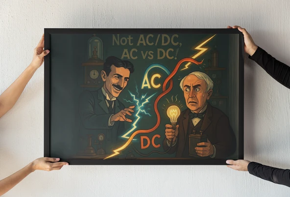 AC vs DC Çerçeveli Tablo Tesla & Edison Elektrik İcadı Bilim ve Mühendislik Dekoru 30x42 cm