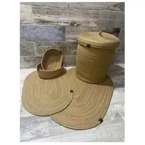 Jüt Hasır 5li Banyo Seti, Çamaşır Sepeti, Paspas Takımı, Oval Sepet-Düz Kırçıllı