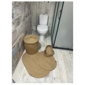 Jüt Hasır 5li Banyo Seti, Çamaşır Sepeti, Paspas Takımı, Oval Sepet-Düz Kırçıllı - 2