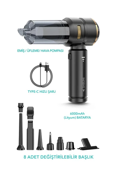 Tornado 100W Şarjlı Kablosuz Araç İçi Süpürge Gerçek 16000PA Güçlü Üfleme & Vakum Aksesuarlı Type-c - 5